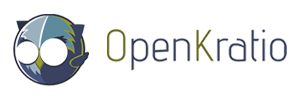 Logo de OpenKratio con OKio. La mascota simboliza el conocimiento y la vigilancia